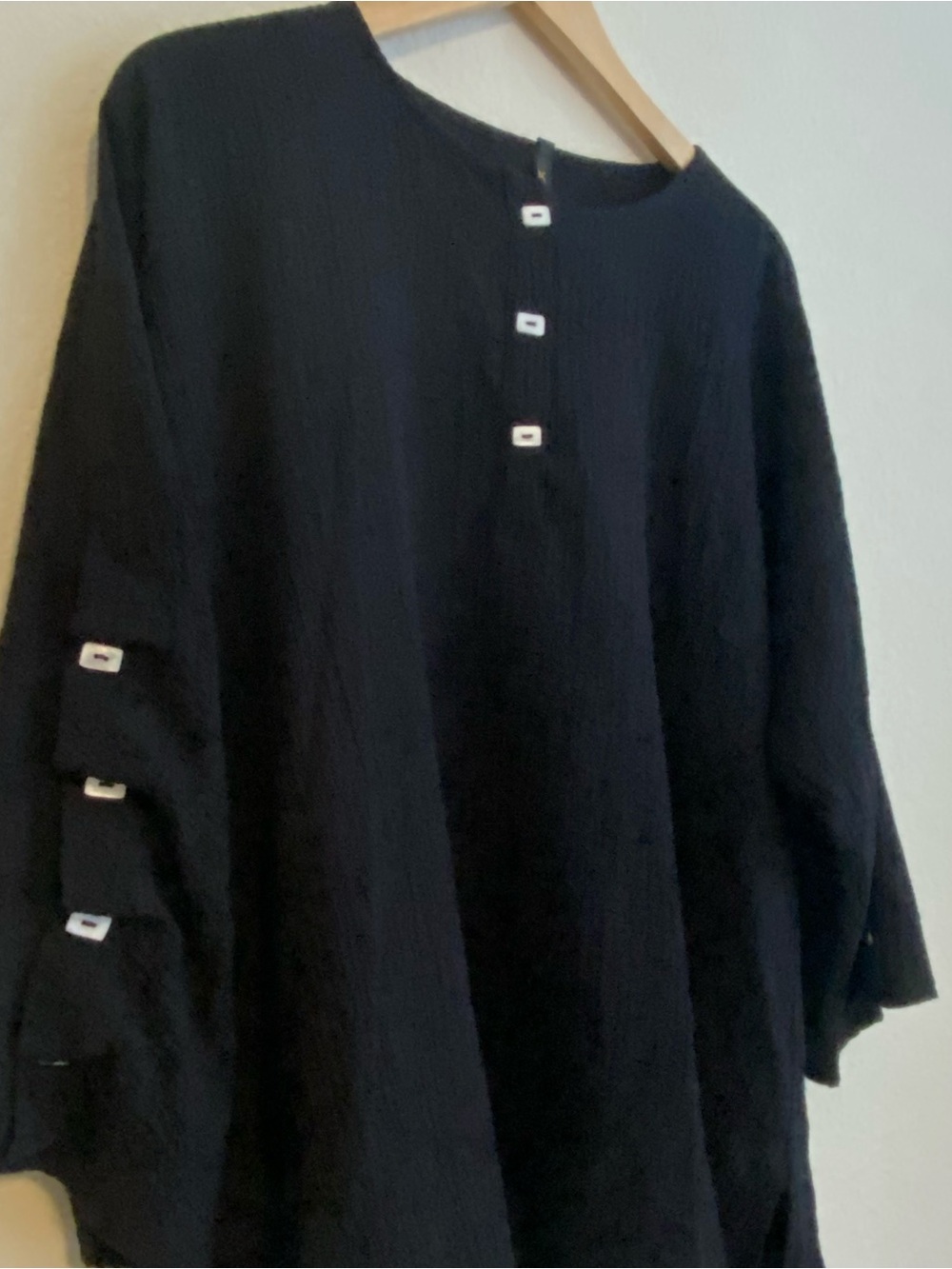 Women’s Black Tunic Top Square Button Accents Lagenlook Oversized Minimalist